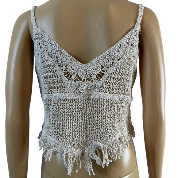 Women Boho Blouse Crop Top Crochet Small Ivory Green Hem Fringe Sleeveless V-Nec - Picture 7 of 16